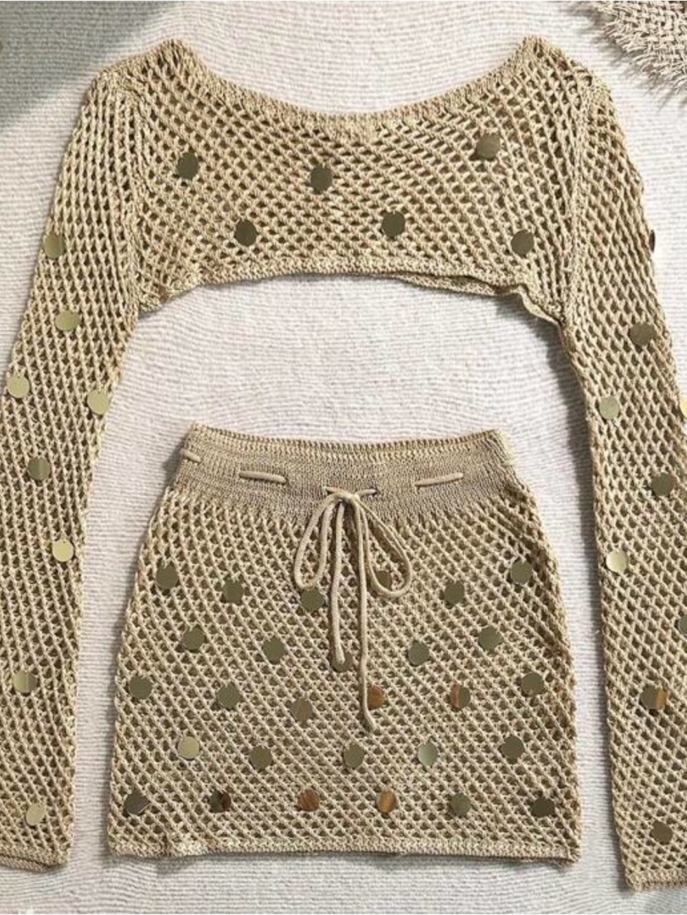 Beige Crochet Drawstring Mini Skirt – Neutral Knit Cover up